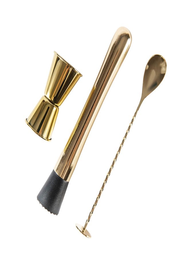 JNWINOG 3-Pcs Gold Muddler & Mixing Tools Set, 10" Muddler, 12" Cocktail Spoon & 1 oz/2 oz Double Jigger, Bar Tool Set for Beverages - Image 1